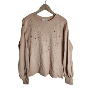 Loft‎ Sweater Women's Small Floral Eyelet Puff Sleeve Tan